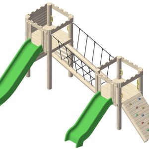 מתקן משחק משולב גדול לילדים מעץ רוביניה + 2 מגלשות