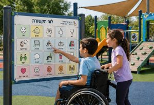ילדים משתמשים בלוח תקשורת בגן משחקים ציבורי